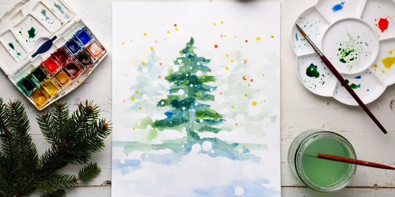 Pintura de acuarela de un árbol de Navidad nevado, con una paleta de acuarelas y pinceles, ideal para una acuarela navidad facil.