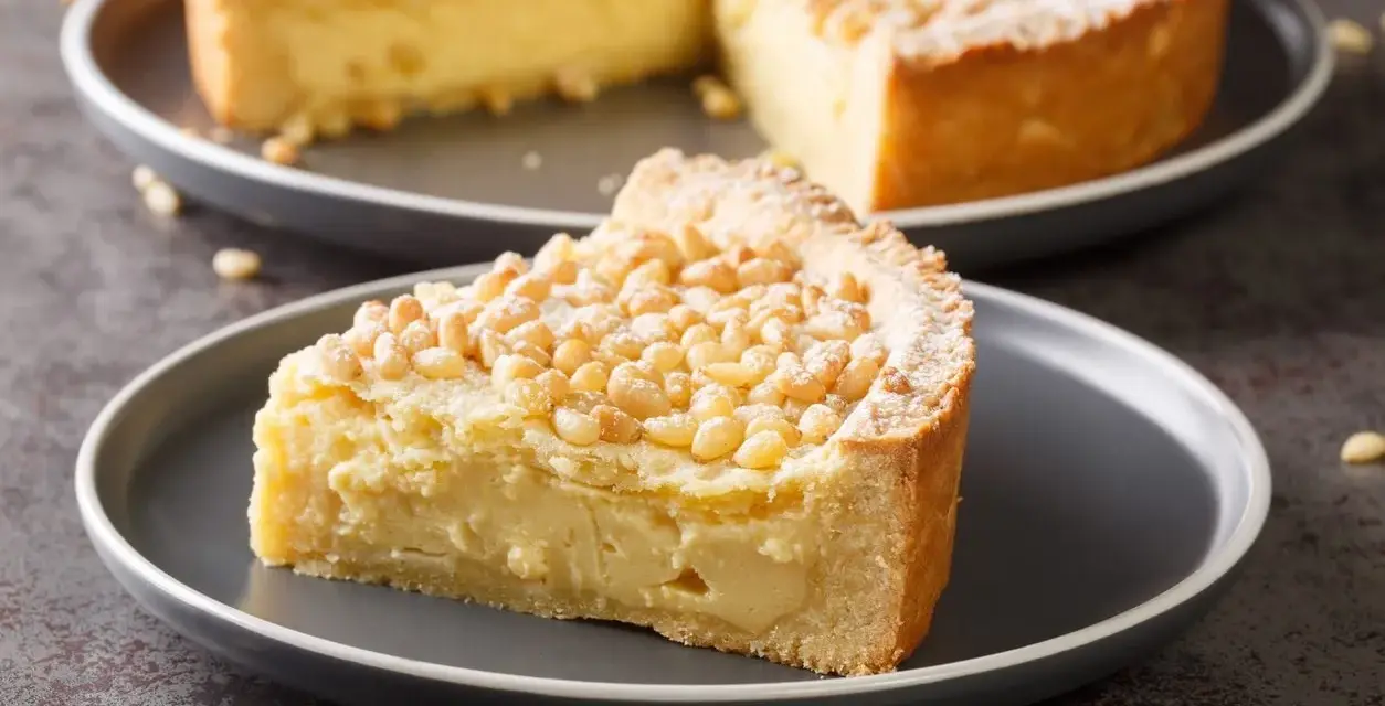 Una fetta di torta con crema pasticcera e pinoli, cosparsa di zucchero a velo. Un dolce invitante.