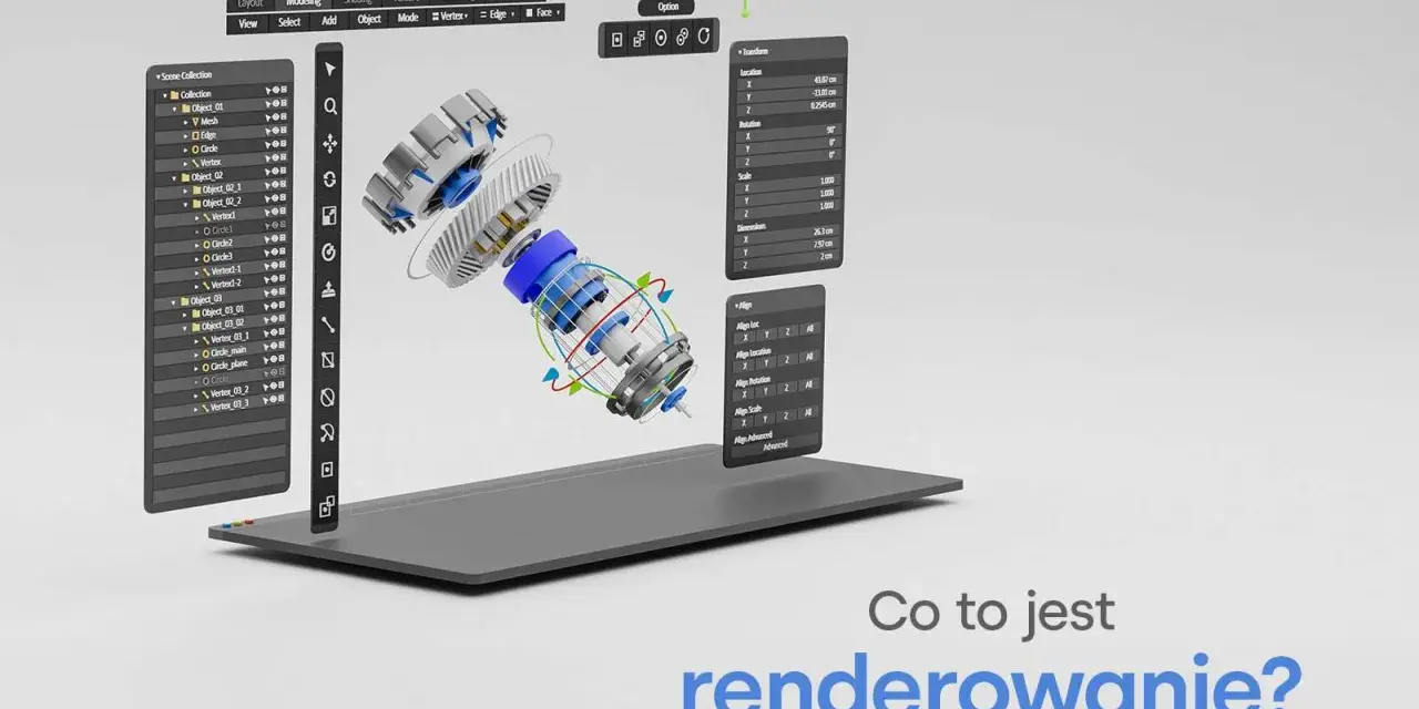 Interfejs programu graficznego z modelem 3D mechanizmu, panelami z parametrami i pytaniem "Co to jest renderowanie?".