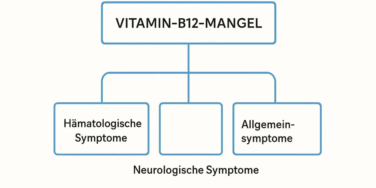 Flussdiagramm zeigt: Vitamin-B12-Mangel mit hämatologischen, neurologischen und allgemeinen Symptomen.