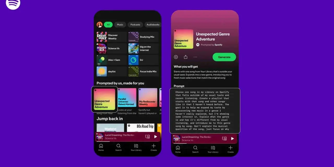 Spotify-App zeigt eine "daily playlist" namens "Unexpected Genre Adventure". Nutzer können neue Musik entdecken.