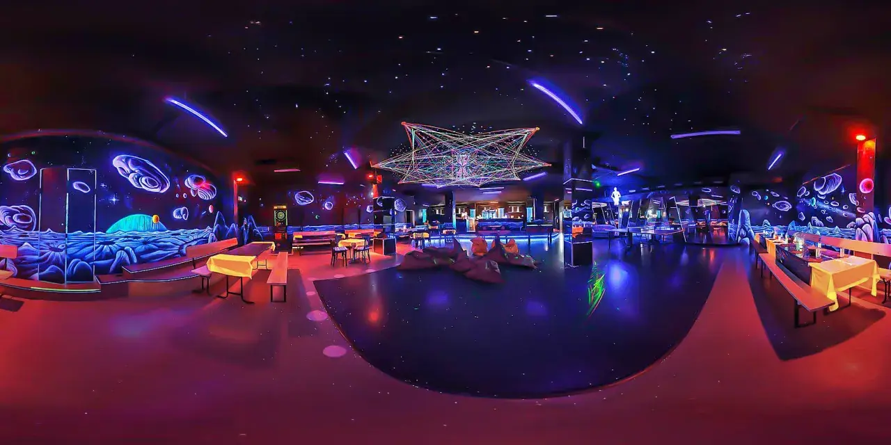 Einzigartige **Schwarzlicht Insel Berlin** mit neonfarbenen Wandmalereien, Sternenhimmel und futuristischer Deko. Perfekt für eine abgefahrene Party.
