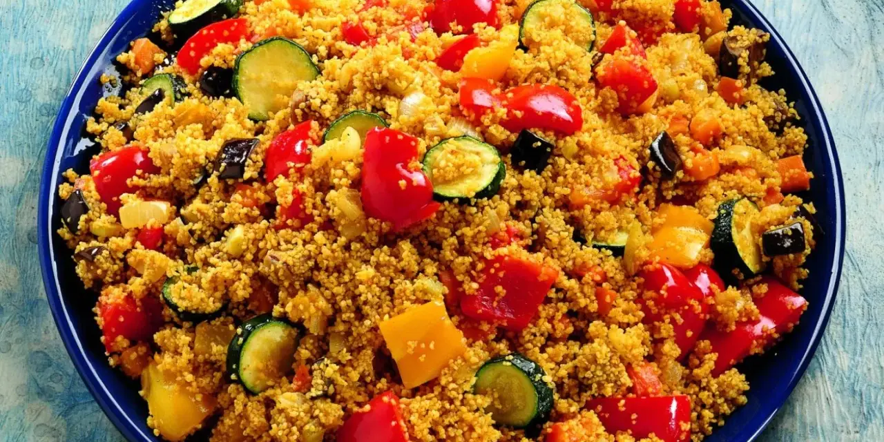 Un piatto colorato di cous cous con verdure miste: peperoni rossi e gialli, zucchine e melanzane.