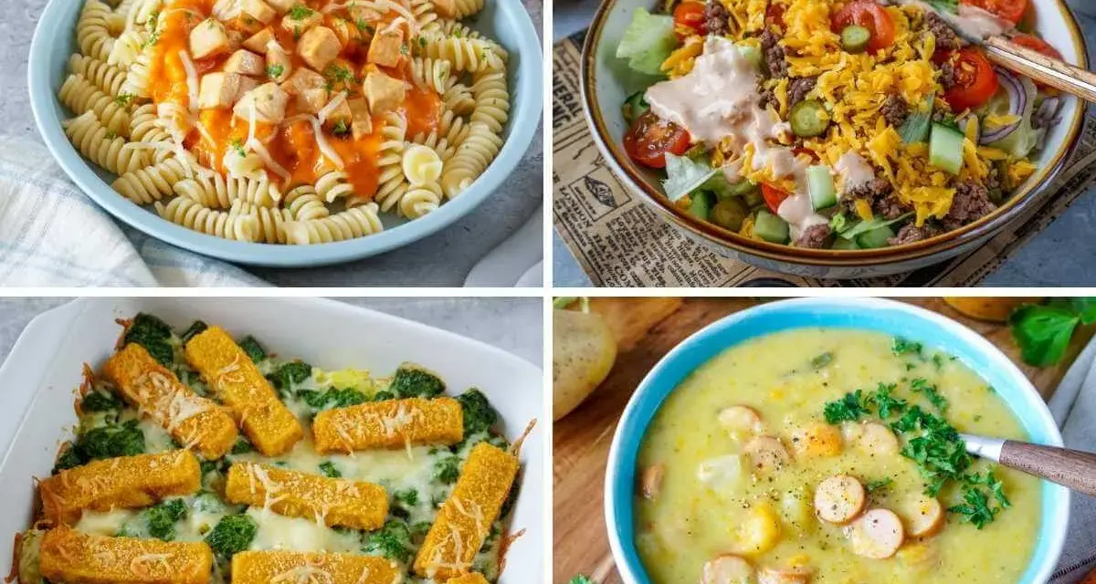 Was koche ich am Wochenende? Vier leckere Ideen: Nudeln mit Soße, Salat, Auflauf mit Fischstäbchen und Gemüse, und eine cremige Kartoffelsuppe.