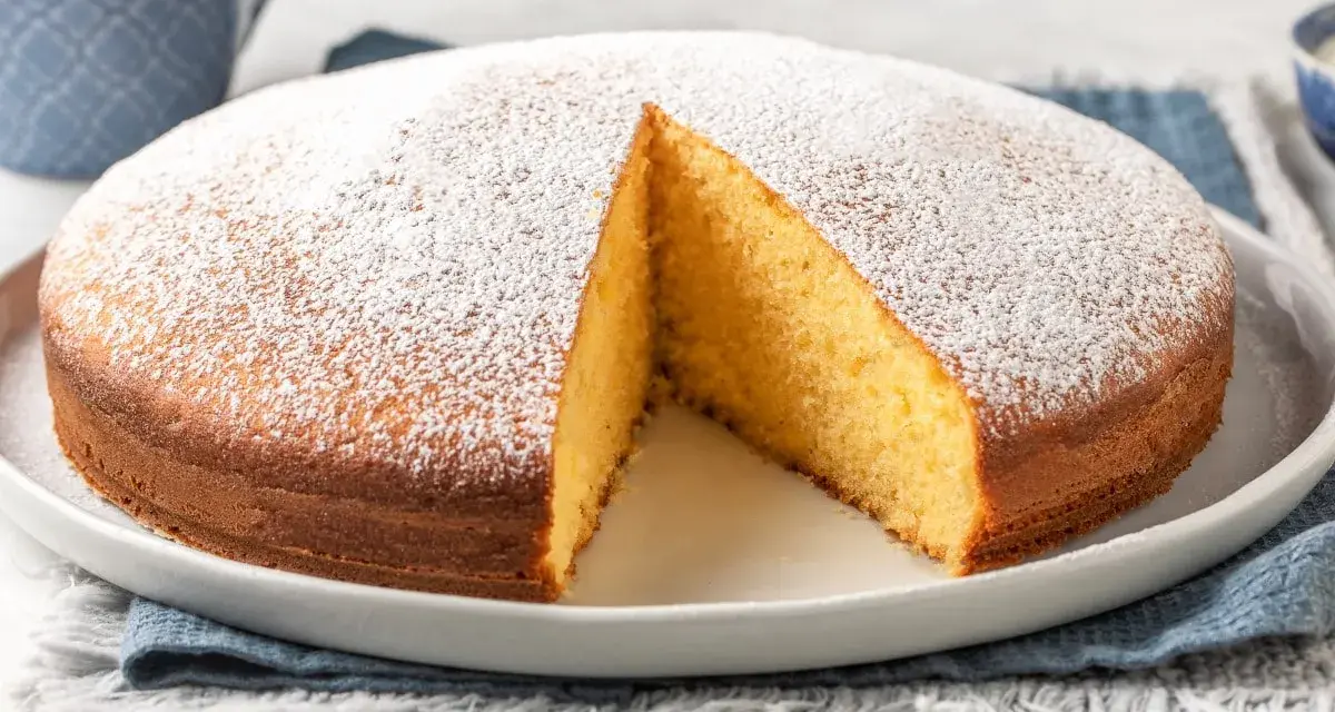 Torta soffice allo yogurt greco, cosparsa di zucchero a velo, con una fetta tagliata che ne rivela l'interno dorato.