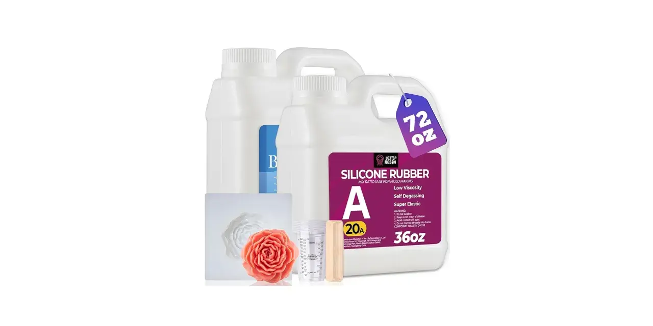 Silicone rubber kit for mold making, featuring two bottles, measuring cups, and wooden stirrers.