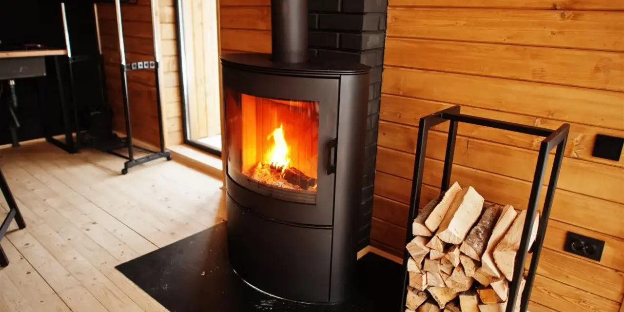 Estufas de leña canalizables modernas con fuego encendido y leña apilada, creando un ambiente acogedor en una cabaña de madera.