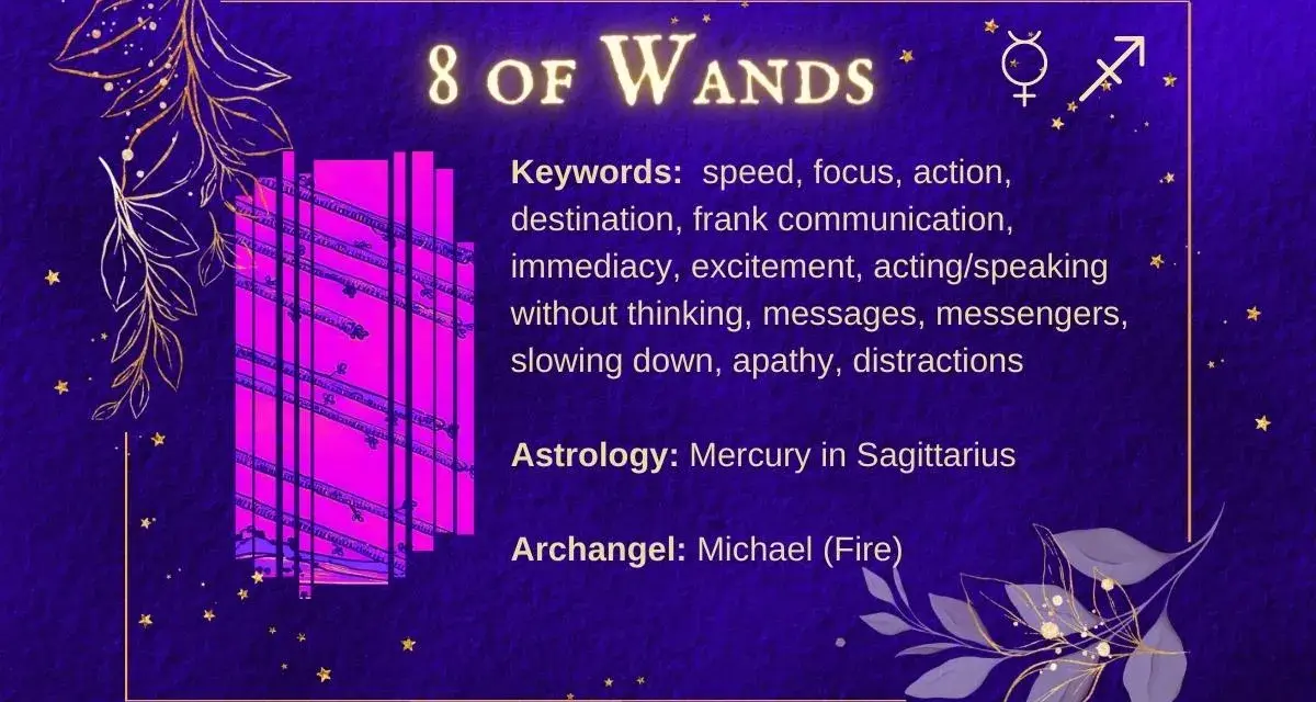 8 Buław Tarot: pionowe, fioletowe karty z tekstem i złotymi zdobieniami.