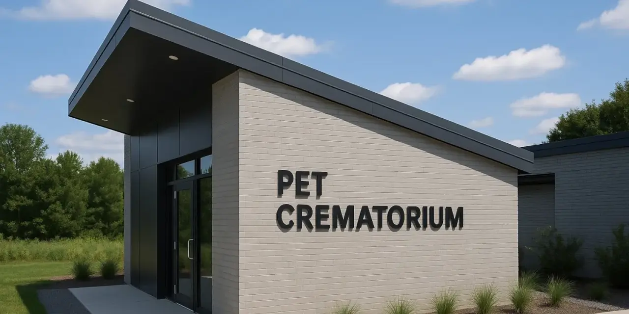 Nowoczesny budynek krematorium dla zwierząt z napisem "PET CREMATORIUM".