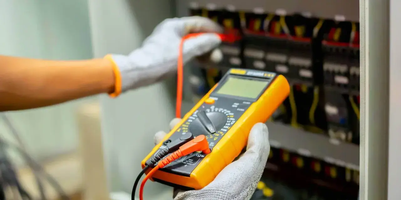 Elektryk sprawdza instalację multimetrem. Poznaj wymiana instalacji elektrycznej koszt i dowiedz się, jak uniknąć nieprzewidzianych wydatków.