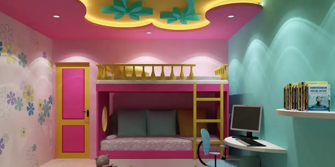 Cameretta con letto a castello, scrivania e decorazioni a soffitto. Idee cartongesso cameretta per un ambiente colorato e funzionale.