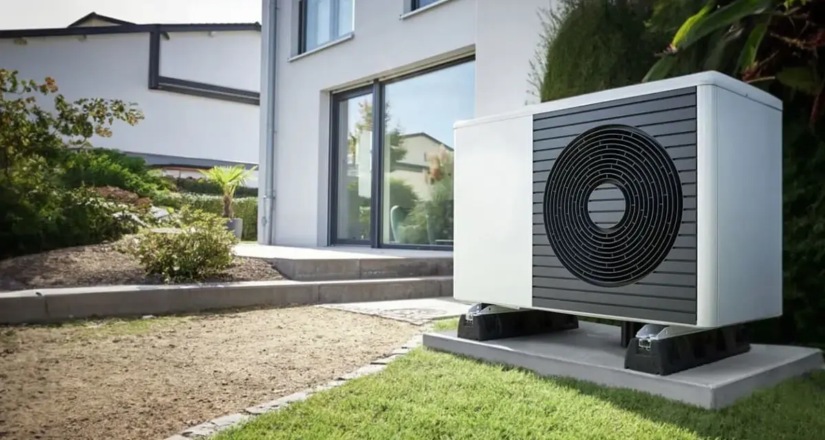 Un moderno sistema hvac, una unidad exterior blanca con rejilla circular negra, se asienta sobre una base de hormigón en un jardín cuidado.