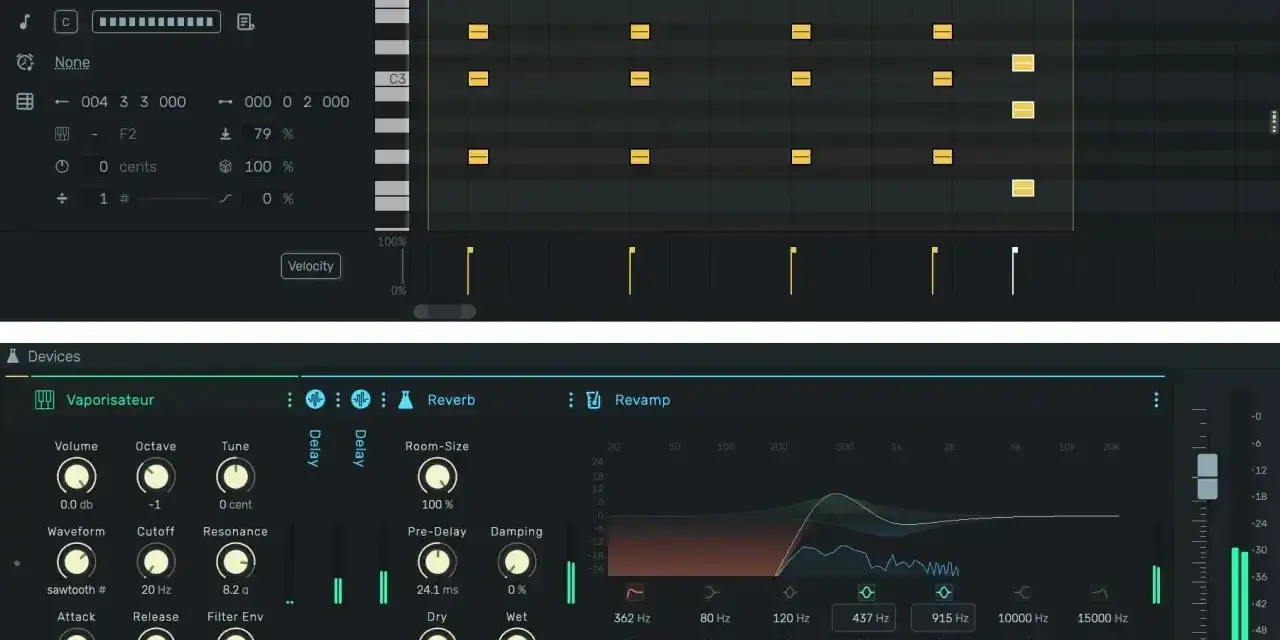 Sekwencer MIDI i panel kontrolny efektów audio, gdzie technik realizacji nagrań dopracowuje brzmienie.