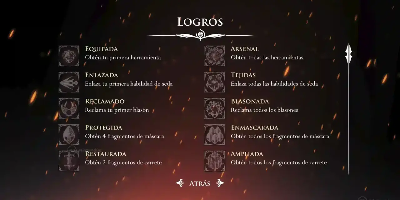 Pantalla de logros de Hollow Knight, mostrando la progresión en herramientas, habilidades y coleccionables.