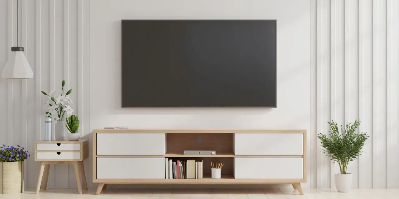 Un salón moderno con una tv colgada en la pared sin cables visibles. Un mueble bajo de madera clara con cajones blancos y estantes con libros y plantas.
