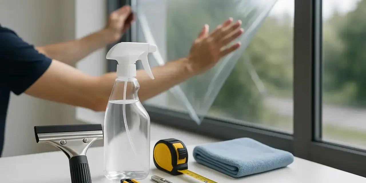 Person bringt Fensterfolie an. Werkzeuge wie Rakel, Sprühflasche, Cutter, Maßband und Tuch liegen bereit.
