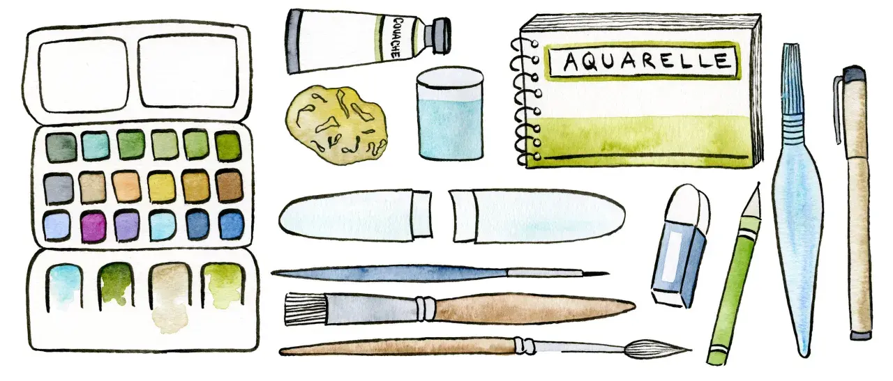 Palette d'aquarelle, pinceaux, tube de gouache, carnet, gomme, crayons et stylos. Tout le materiel paysage pour peindre.