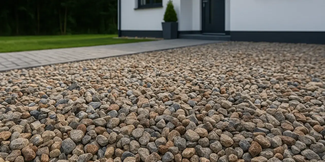 Zbliżenie na podjazd z żwiru o różnej wielkości i kolorze, obok domu.