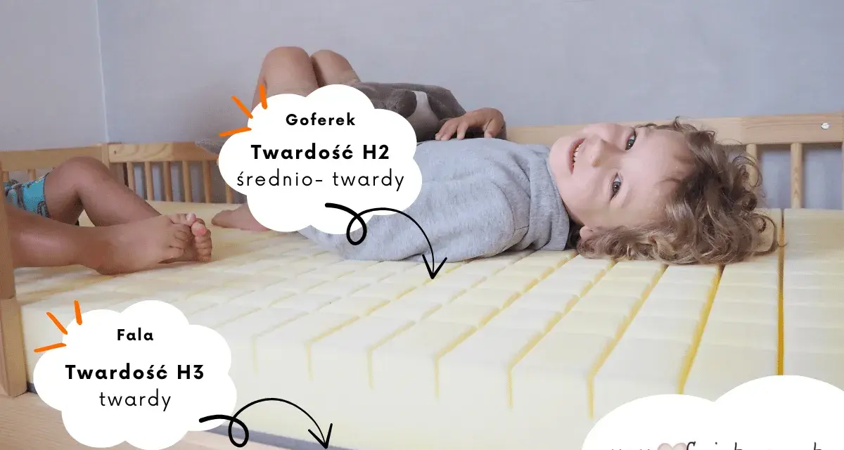 Dziecko leży na materacu. Czy twardy materac jest zdrowy? Wskazane twardości H2 (średnio-twardy) i H3 (twardy).