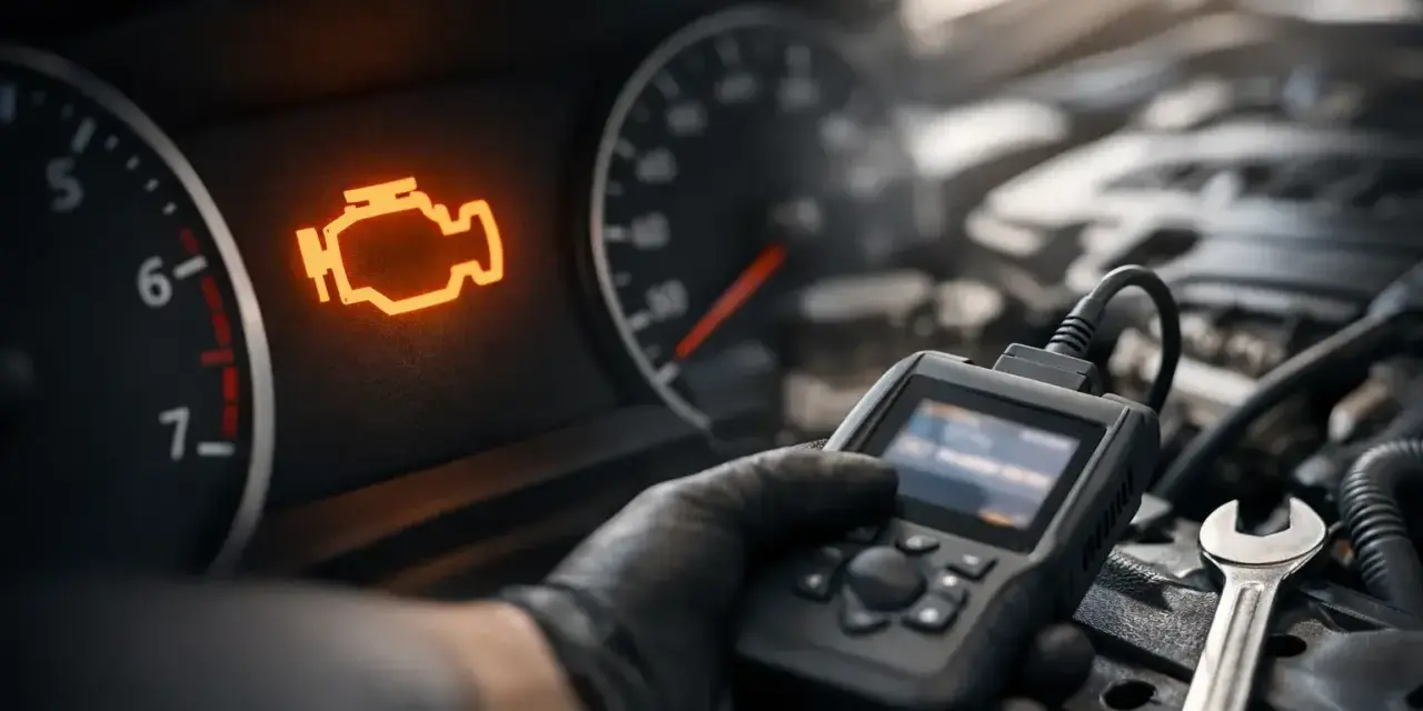 Motorkontrollleuchte leuchtet auf, ein Mechaniker prüft mit einem Diagnosegerät, ob der Katalysator defekt ist.