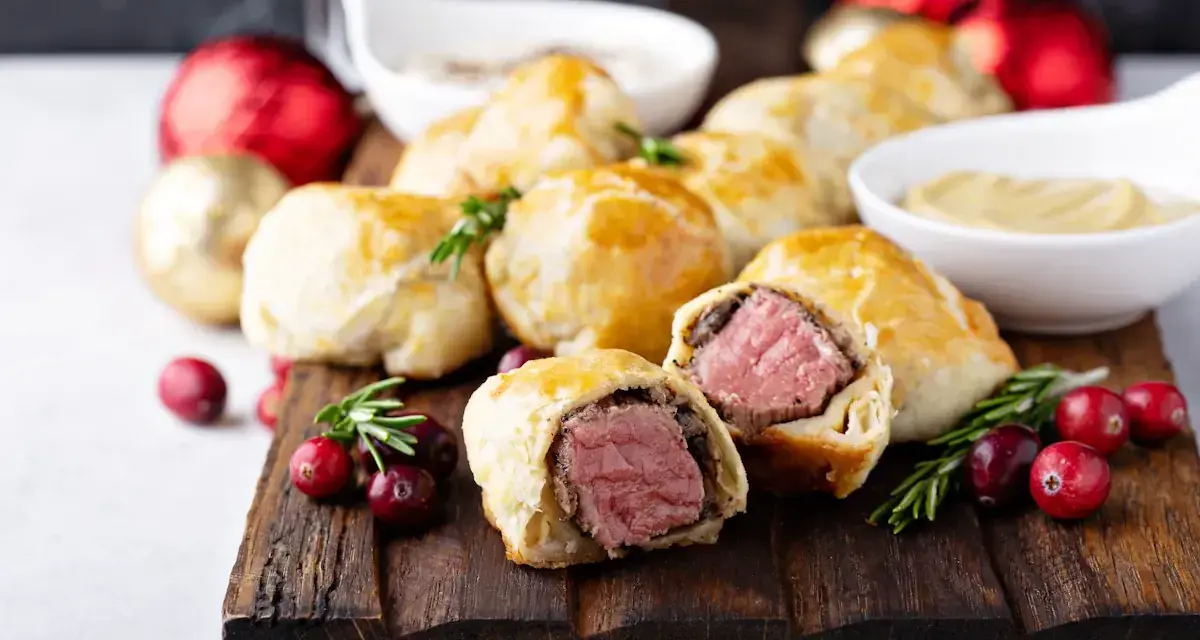 Bouchées à la reine dorées, garnies de viande juteuse, sur une planche en bois avec des canneberges et des décorations festives.