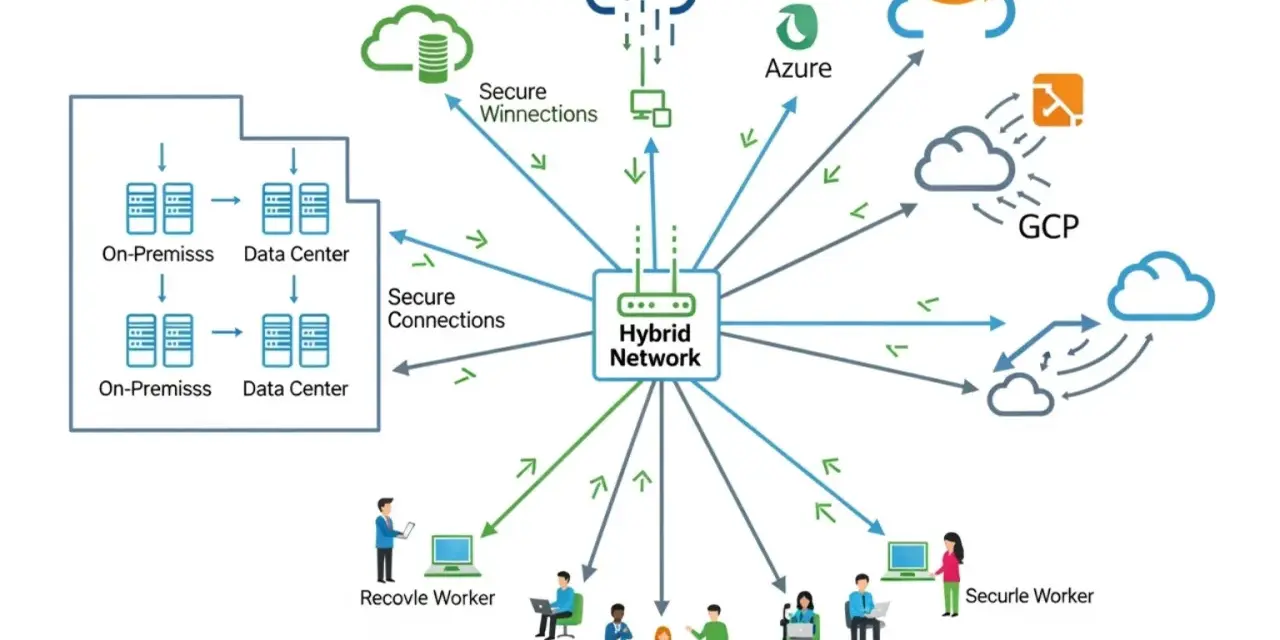 Diagram illustrating network management definition: a hybrid network connects on-premises data centers, remote workers, and cloud services like AWS, Azure, and GCP via secure connections.