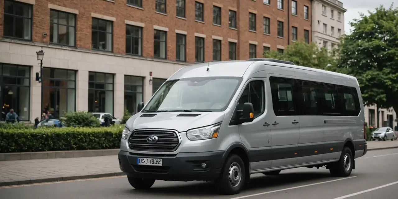 Un homme est au volant, prêt à conduire un minibus argenté dans une rue bordée d'arbres et de bâtiments.