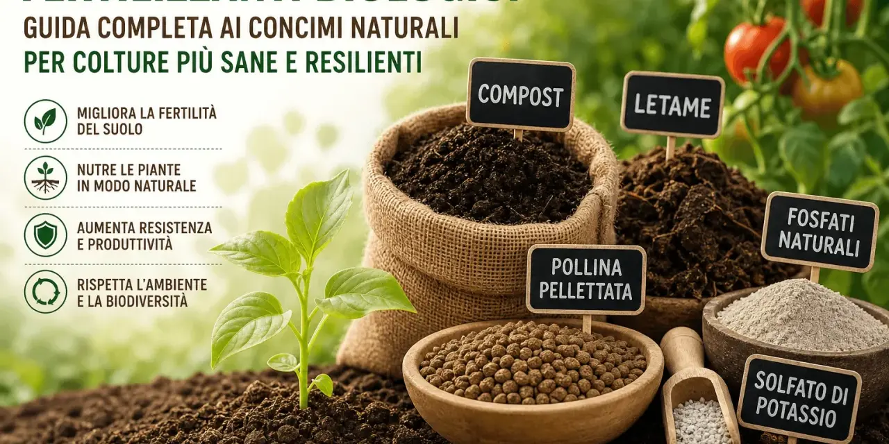 Fertilizzanti biologici: compost, letame, pollina pellettata, fosfati naturali e solfato di potassio per colture sane e resilienti.