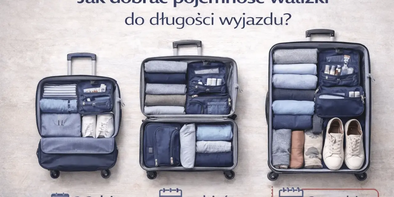 Trzy otwarte walizki z ubraniami i akcesoriami, pokazujące różną pojemność.