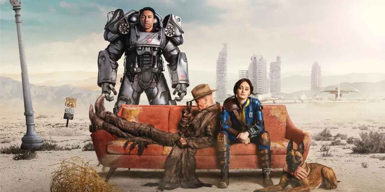 Postapokaliptyczna ekipa na kanapie, czekająca na Fallout 5. W tle zniszczone miasto i znak Route 66.