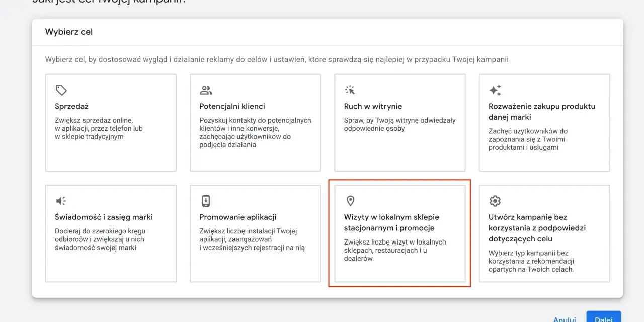Wybór celu kampanii lokalnej Google Ads: wizyty w sklepie stacjonarnym i promocje.