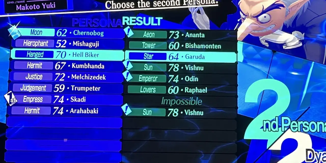 Makoto Yuki, nivel 72, elige su segunda Persona. La pantalla muestra resultados de fusión, con "Star" y "Garuda" resaltados.