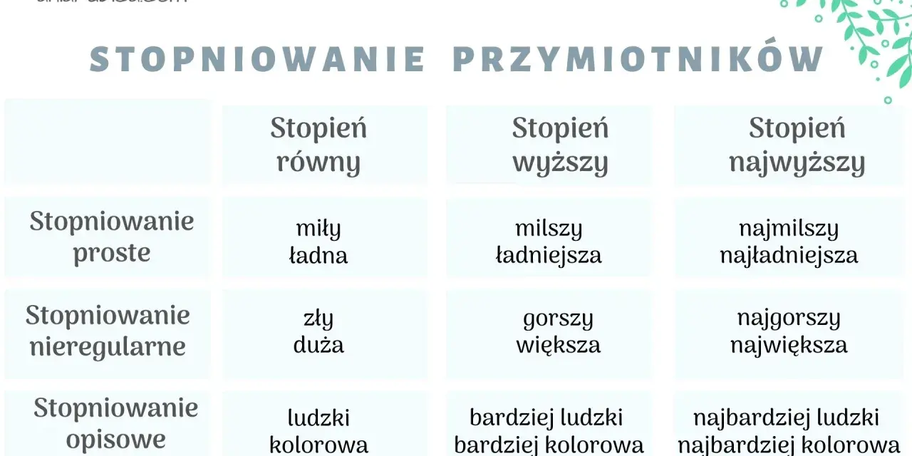 Tabela pokazuje stopniowanie przymiotników: proste, nieregularne i opisowe.