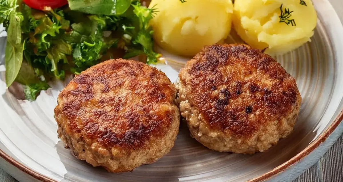 Dwa apetyczne kotlety mielone z airfryer, podane z ziemniakami i świeżą sałatką.
