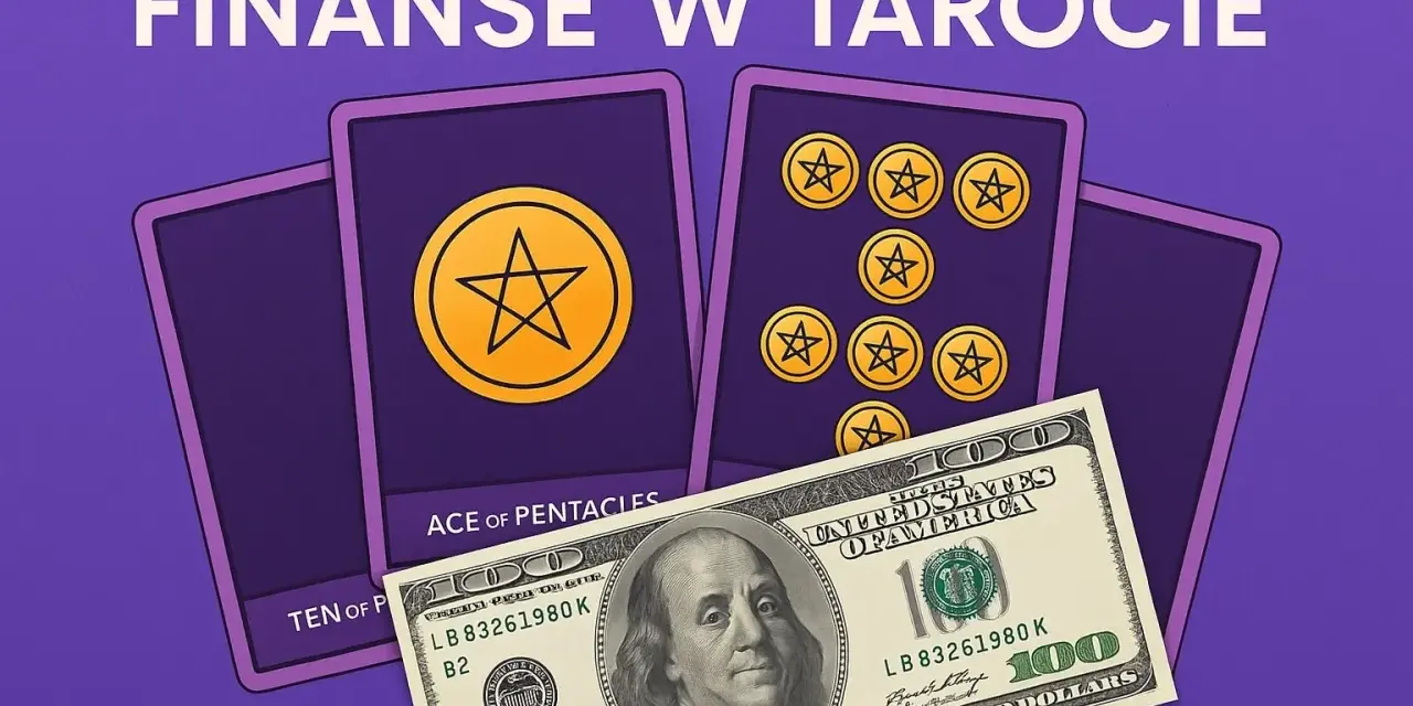 Karty tarota z pentaklami i banknot 100 dolarów. Symbolizuje to bogactwo i stabilność finansową, jak w karcie 9 pentakli.