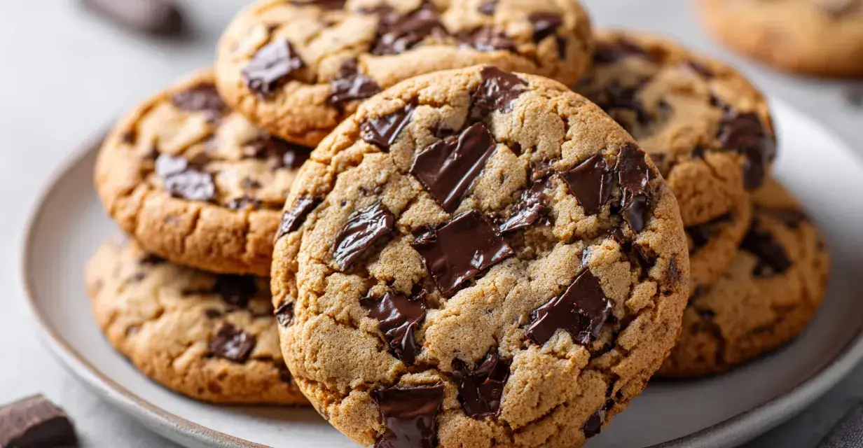 En hög med nybakade chocolate chip cookies, perfekta för ett enkelt recept.