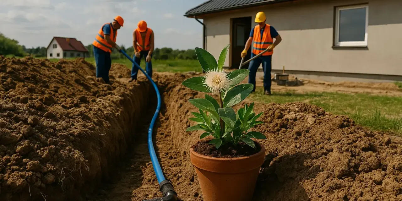 Pracownicy w kamizelkach wykonują przyłącze wody, układając niebieską rurę w wykopie. W doniczce obok rośnie kwiat.