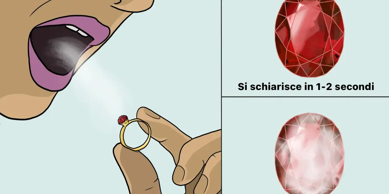 Anello con pietra colore rubino, soffiata si schiarisce subito. Altra pietra rimane appannata.