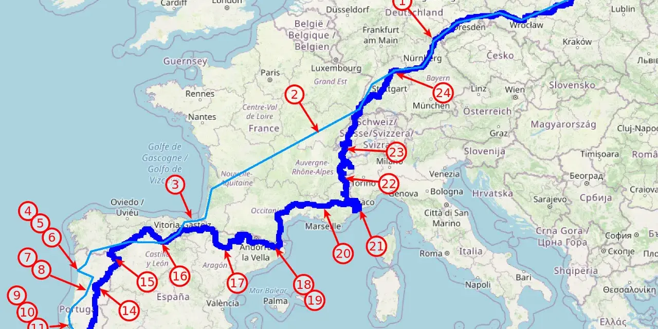 Trasa z Magdeburga do Lizbony, obejmująca wybrzeże lizbońskie, z zaznaczonymi punktami i miastami Europy.