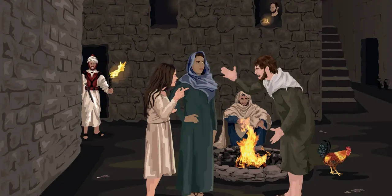 A man with a torch approaches a group gathered around a fire. Blessed are those who are persecuted for righteousness' sake.