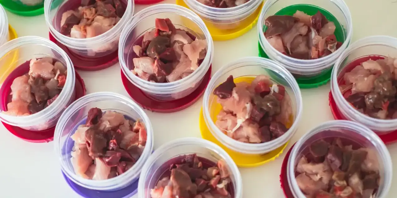 Plusieurs petits pots transparents remplis de morceaux de viande crue, prêts pour un repas BARF pour chien.