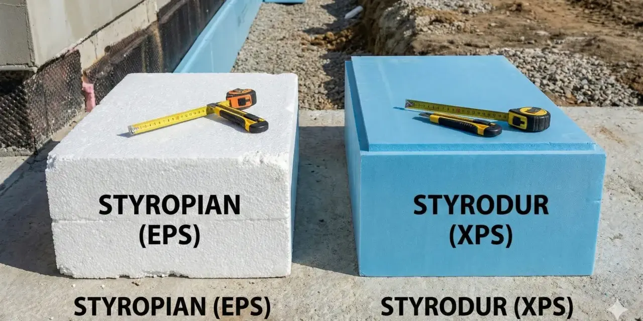 Porównanie styropianu (EPS) i styroduru (XPS) na podłogę. Oba materiały izolacyjne, biały i niebieski, leżą obok siebie z miarką i nożem.