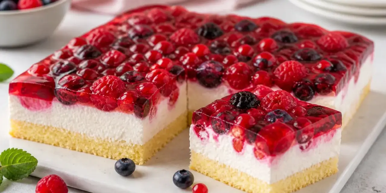 Saftige beerentorte ohne backen mit Himbeeren, Blaubeeren und Johannisbeeren in klarem Gelee auf luftiger Creme.
