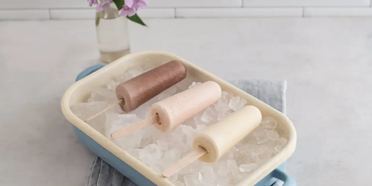 Drei cremige Mini Milk Eis am Stiel, wie aus den 90ern, in einer blauen Schale auf Eiswürfeln.