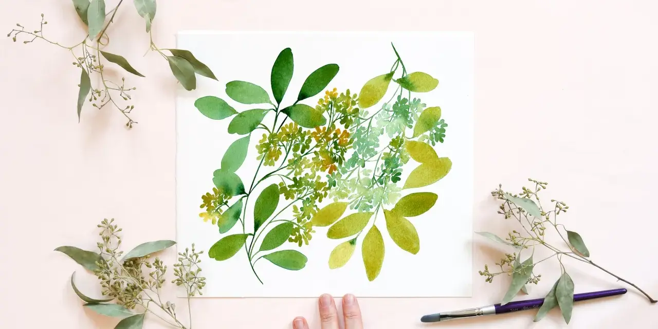 Une peinture à l'eucalyptus aquarelle, avec des touches de vert vif et des feuilles délicates, inspirée par la nature.