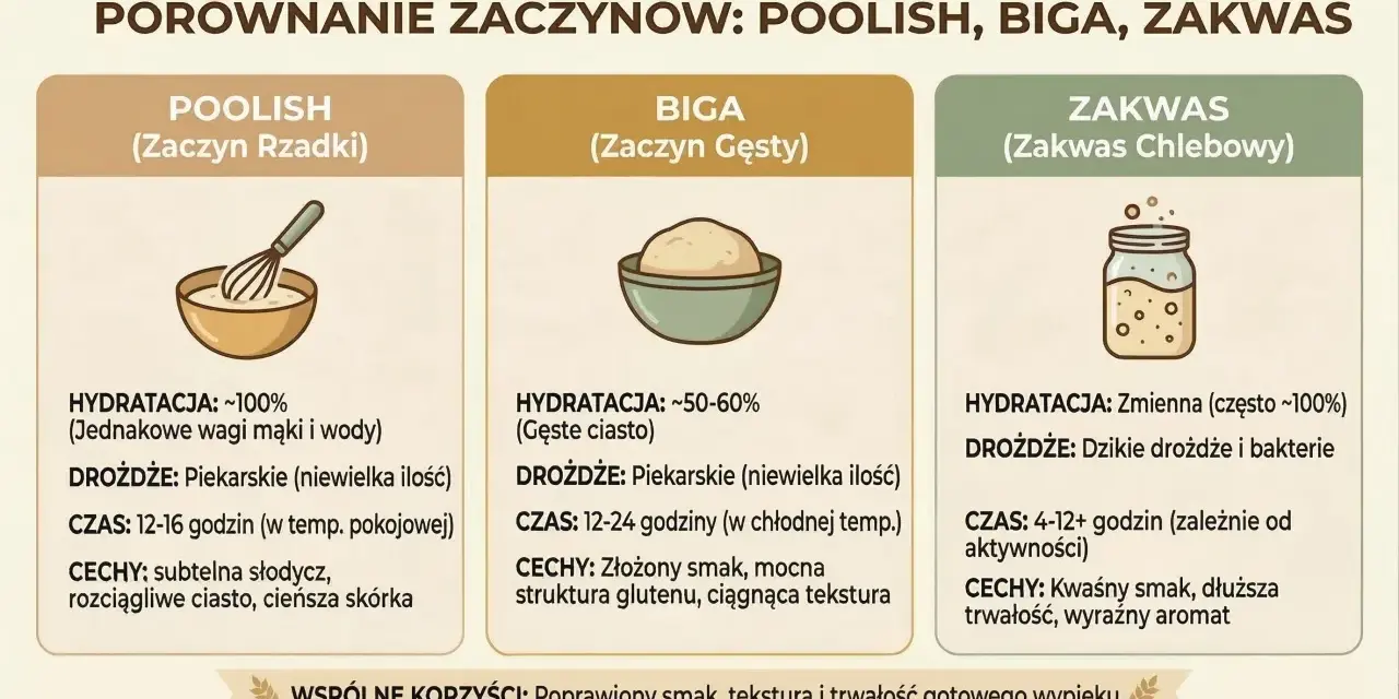 Porównanie zaczynów: poolish, biga, zakwas. Dowiedz się, jakie drożdże do chleba wybrać, by uzyskać najlepszy smak i teksturę wypieku.