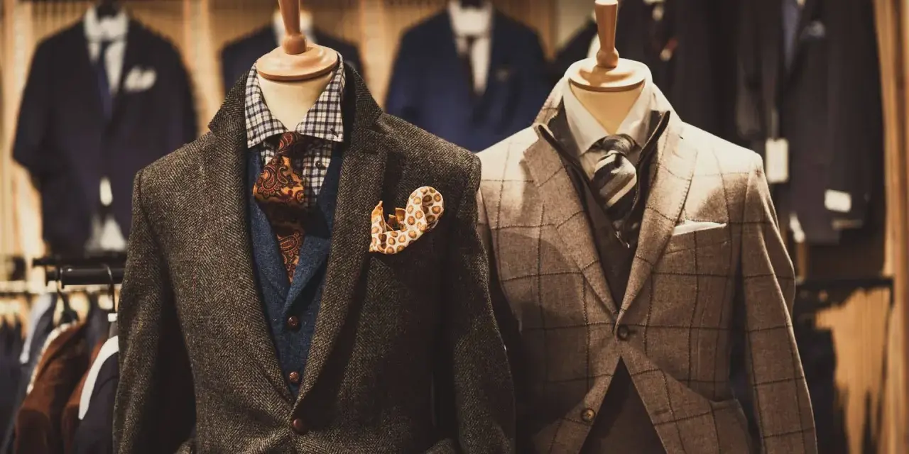 Eleganckie męskie garnitury w różnych kolorach i wzorach, prezentowane na manekinach. W tle widać więcej stylizacji.