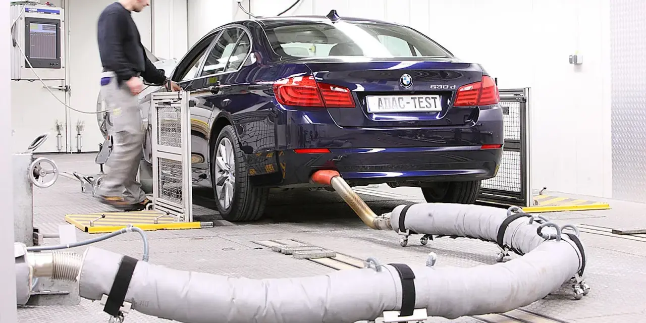 Blauer BMW auf einem Prüfstand für Abgastests. Ein Techniker überwacht die Messungen, die für die Euro 6-Abgasnorm relevant sind.