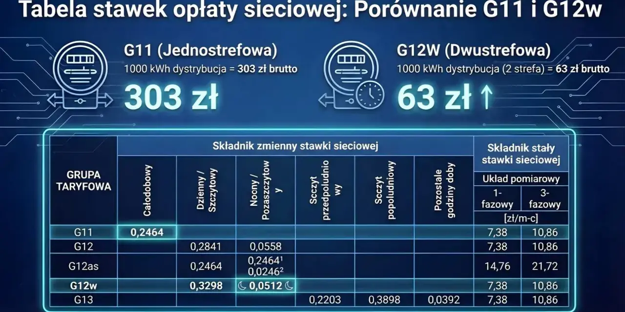 Taryfa nocna w G12w obowiązuje w godzinach pozaszczytowych, a jej stawka to 0,0512 zł.