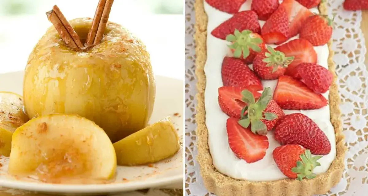 Manzana asada con canela y tarta de fresas con crema.